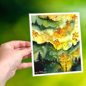 Aspen Tree Painting Landscape Original Art Colorado Forest Watercolor Artwork Green Yellow Hand Painted Unique Art Work  5 by 7 in