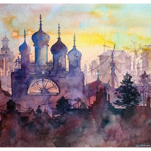 Urban Painting Cityscape Original Art City Watercolor Artwork Hand Painted Architecture Wall Art 12 by 16 in