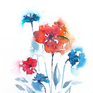 Poppy Painting Floral Original Art California Flower Watercolor Artwork Red Poppies and Blue Cornflower Small Artwork 6 by 8 in