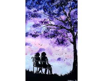 Lesbian Painting Lgbt Artwork Romantic Wall Art Purple Love Landscape Artwork Freindship Friends Forever Women Swing  12 by 18 in
