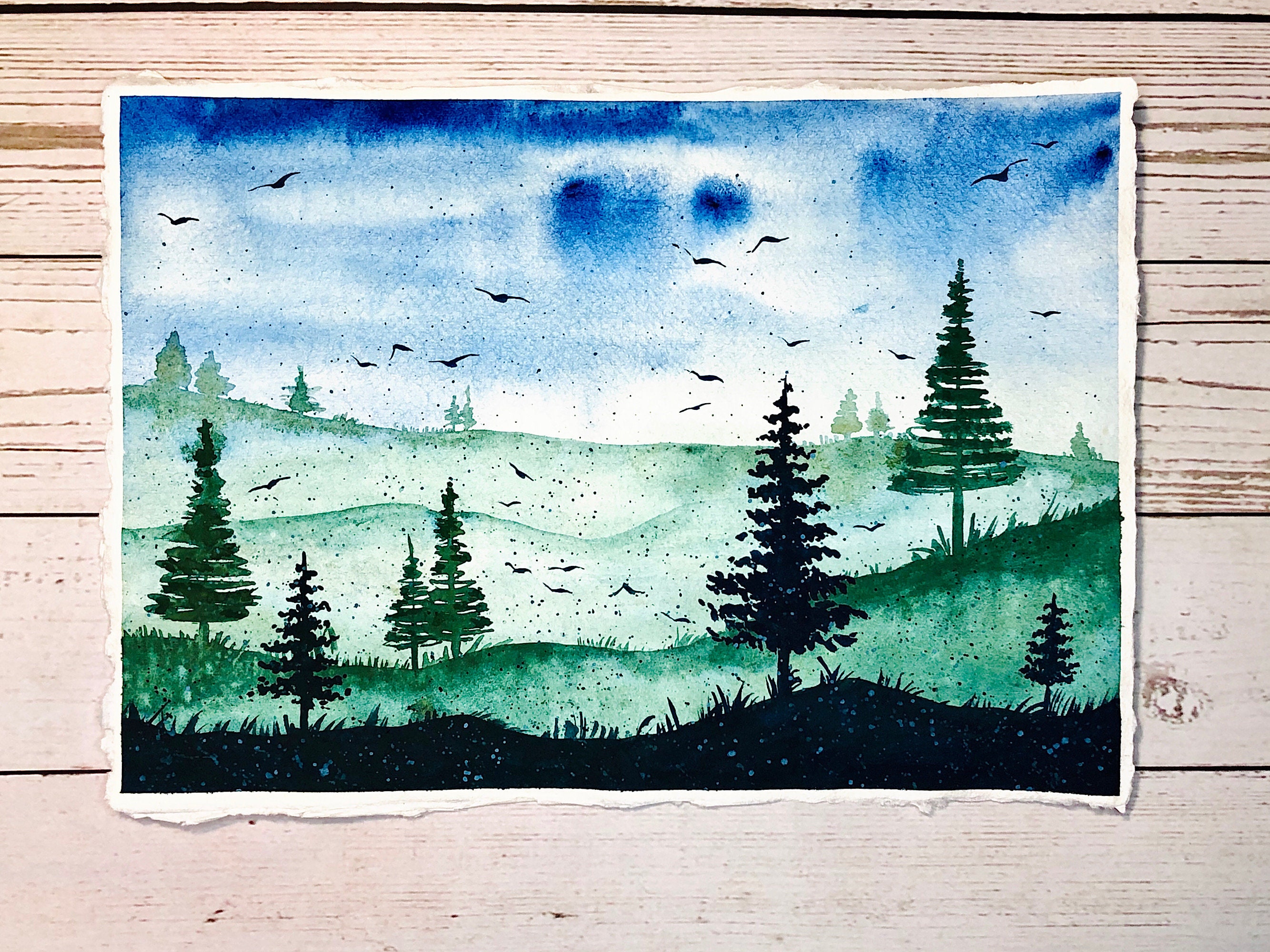 Pine Tree Painting Landscape Original Art Green Forest Watercolor Wall ...