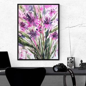 ORIGINAL PAINTING 14 x 22 inch Pink Flowers Artwork Floral Watercolor Living Room Wall Art Home Decor Wall Art Gift for Women