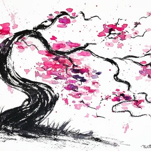 Sakura Painting Tree Original Art Cherry Blossom Japanese Art Pink Minimalist Floral Hand Painted Wall Art Work 8 by 11 in
