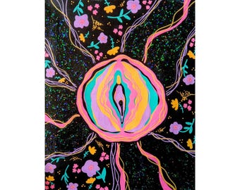 Vulva Original Art Yoni Woman Art Women empowerment wall art 11 by 14 in Black stretched canvas One of a kind Mixed-media