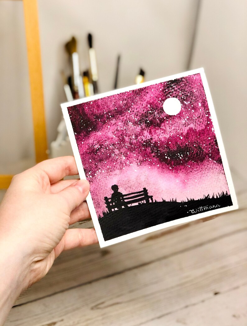 Original Art Night Sky Painting Landscape Watercolor Moon Etsy