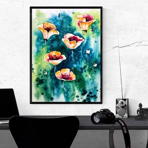 ORIGINAL PAINTING 14 x 22 inch California Poppies Artwork Orange Flower Watercolor Forest Living Room Home Decor Wall Art Gift for Women