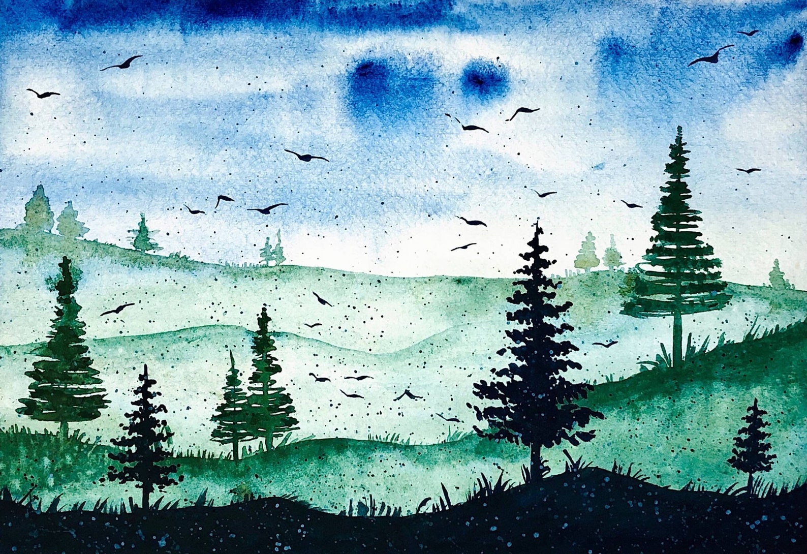 Pine Tree Painting Landscape Original Art Green Forest Watercolor Wall ...