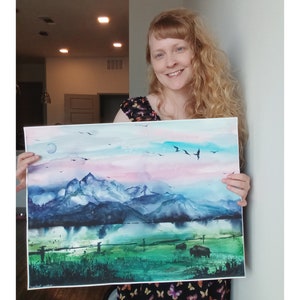Grand Teton Art Landscape Original Painting USA Wyoming National Park Watercolor Art Mountains Artwork 18 by 24 in