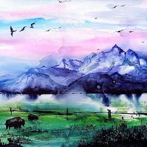 Grand Teton Art Landscape Original Painting USA Wyoming National Park Watercolor Art Mountains Artwork 18 by 24 in