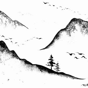 Japanese Painting Mountains Original Art Japanese Artwork Black White Minimalist Wall Art 8 by 11 in