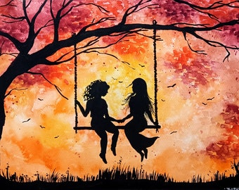 Lesbian Painting Lgbt Artwork Romantic Wall Art Orange Love Landscape Artwork Freindship Friends Forever Women Swing  12 by 18 in