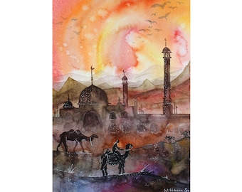 Desert Painting Landscape Original Art Watercolor Camel Artwork Orange Wall Art 12 by 16 in