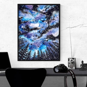 Original Watercolor Painting Night Sky — Starry Forest Art, Pine Trees Silhouette, Blue Cloudy Sky, Fine Art Wall Decor, 14x22 Inch Artwork