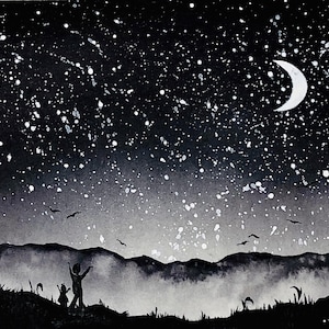 Night Sky Painting Landscape Original Art Celestial Wall Art Black Minimalist Artwork 8 by 12 in