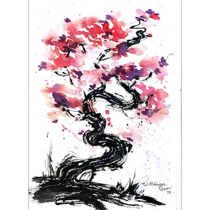 Sakura Painting Tree Original Art Cherry Blossom Japanese Art Pink Floral Hand Painted Wall Artwork 8 by 12 in