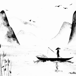 Japanese Painting Mountains Original Art Fisherman Art Japanese Artwork Black White Minimalist Wall Art 8 by 11 in