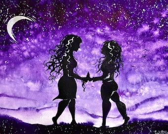 Two Souls, One Sky — Original Watercolor Painting, Lesbian Couple Art LGBTQ Wall Art, Night Sky Silhouette, Romantic Purple Decor Moon Stars