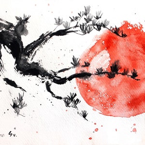 Japanese Painting Landscape Original Art Japan Art Japanese Artwork White Black Tree Red Sun Minimalist Artwork 8 by 12 in