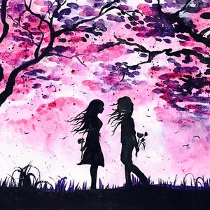 Lesbian Painting Lgbt Artwork Romantic Wall Art Pink Purple Love Landscape Artwork 12 by 16 in
