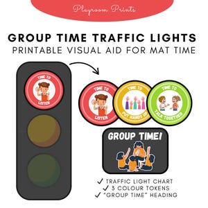 Groepstijden verkeerslichttabel – afdrukbaar visueel hulpmiddel voor mattijd – tokens luisteren, handen omhoog en praten – ondersteuning voor peutergedrag