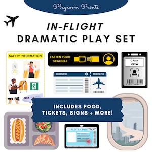 May include: A printable set of play props for pretend play, featuring an airplane theme. The set includes a safety information card, a fasten your seatbelt sign, a boarding pass, a pilot license, a cabin crew badge, and a tray with food. The text "IN-FLIGHT DRAMATIC PLAY SET" is at the top of the image. The text "INCLUDES FOOD, TICKETS, SIGNS + MORE!" is in the middle of the image.