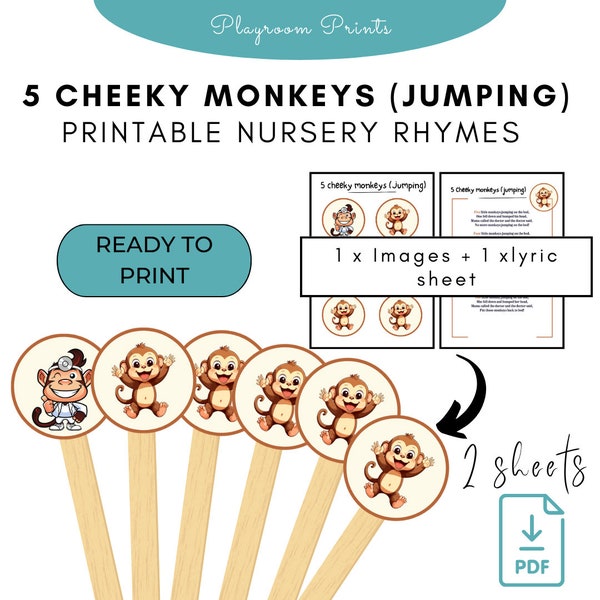 5 Cheeky Monkeys (jumping)  Props and Lyric Sheet -  Download and Printable Educational Tool for Kids, Preschool activities, nursery rhyme