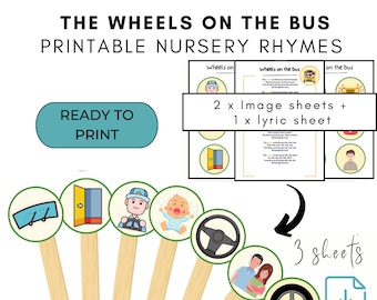 Hoja con la letra y accesorios de Wheels On The Bus: herramienta educativa para descargar e imprimir para niños, actividades preescolares, actividades de rimas infantiles