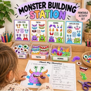 Könnte beinhalten: Ein druckbares Monster-Bastelset mit vier farbenfrohen Anleitungskarten mit den Aufschriften Long Eyes, Teeth, Horns und Lots of Eyes sowie drei durchsichtigen Kunststoffbehältern mit Papierausstanzungen für Augen, Zähne und Hörner.