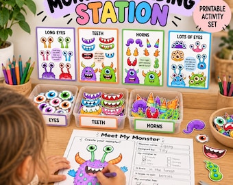 May include: A printable monster building activity set featuring four colorful instruction cards labeled Long Eyes, Teeth, Horns, and Lots of Eyes, with three clear plastic bins containing paper cutouts of eyes, teeth, and horns for crafting.