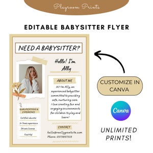 Bewerkbare oppasflyer, kinderopvangdiensten Gemeenschapsverzorger afdrukbare flyer, oppasflyer, sjabloon voor kleine bedrijven, Canva Flyer