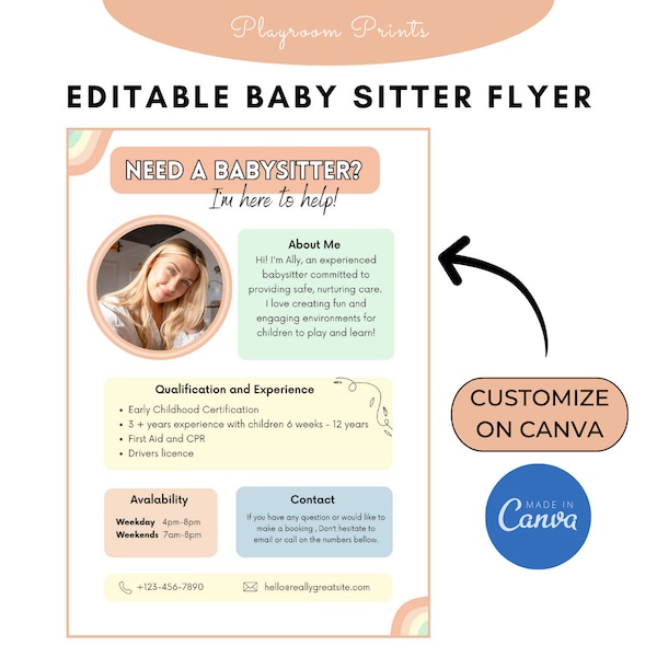 Editable Babysitter Flyer, Childcare Services Community Caretaker Printable Flyer, Babysitter Flyer, Small Business template , Canva Flyer