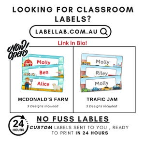 May include: A digital illustration of two sets of classroom labels. The first set is themed "McDonald's Farm" and features a cartoon farmer, a barn, and a sheep. The second set is themed "Traffic Jam" and features cartoon cars and a bus. Both sets include three labels with the names "Molly", "Ben", and "Alice" for the farm set and "Molly", "Riley", and "Molly" for the traffic jam set. The text "NO FUSS LABELS" is displayed in large, bold letters. The text "CUSTOM LABELS SENT TO YOU, READY TO PRINT IN 24 HOURS" is also displayed. The text "24 HOURS" is displayed in a circle with an arrow.