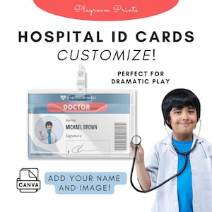 Druckbare Krankenhaus ID-Abzeichen für Kinder | Dramatisches Stück Doktor Krankenschwester Rolle | Bearbeitbare Namensschilder für Vorschule und Kindertagesstätte | Canva Vorlage