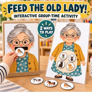 May include: An interactive group-time activity titled FEED THE OLD LADY! featuring two illustrations of an elderly woman with gray hair and glasses. One board has an open mouth for feeding, while the other displays four circular animal tokens.