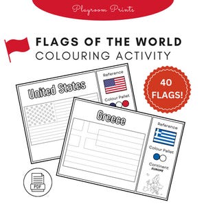 Puede incluir: Actividad de colorear imprimible en blanco y negro con banderas del mundo. La imagen muestra las banderas de los Estados Unidos y Grecia con una imagen de referencia y una paleta de colores para cada bandera. El texto "¡40 BANDERAS!" está en un círculo rojo.