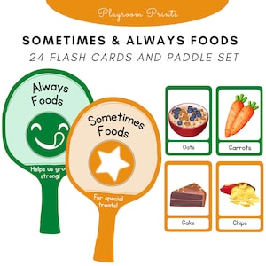 Jeu de cartes éclair et de pagaies Parfois & Always Foods sur une alimentation saine pour les enfants – Activité de tri nutritionnel Éducation alimentaire préscolaire à imprimer