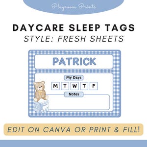 Puede incluir: Una etiqueta de sueño para guardería imprimible en vichy azul y blanco con el nombre Patrick, un oso de peluche y una lista de verificación para los días de la semana. La etiqueta tiene una sección para notas.