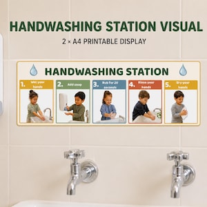 Visuell handtvättsstation i 5 steg | Utskrivbar display för barnomsorg (digital nedladdning)