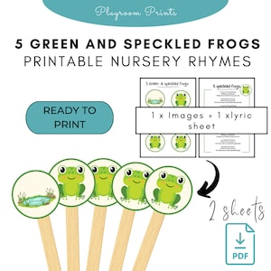May include: Printable nursery rhyme activity featuring five green and speckled frogs. The printable includes five frog images, a pond image, and a lyric sheet. The images are ready to print and use for a fun learning activity.