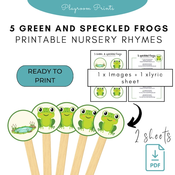 5 Green & speckled frogs Props and Lyric Sheet -  Download and Printable Educational Tool for Kids, Preschool activities, nursery rhyme game