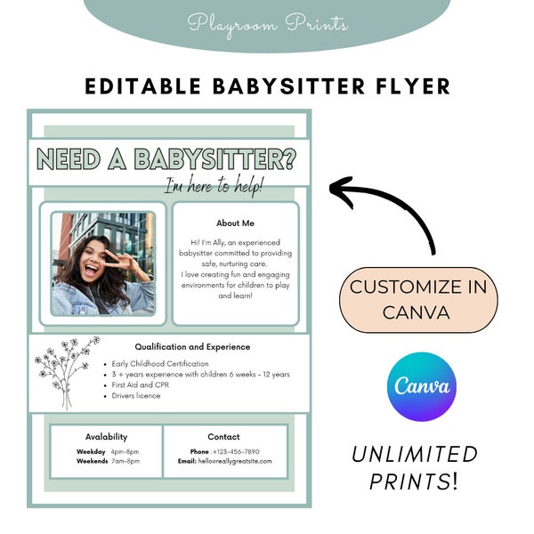 Editable Babysitter Flyer, Childcare Services Community Caretaker Printable Flyer, Babysitter Flyer, Small Business template , Canva Flyer