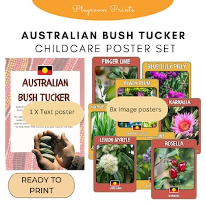 May include: A set of 9 printable posters for childcare featuring Australian native plants and fruits. The posters include images and text with the common and Aboriginal names for each plant. The text poster says "Australian Bush Tucker" and "1 x Text poster". The image posters say "8x Image posters".