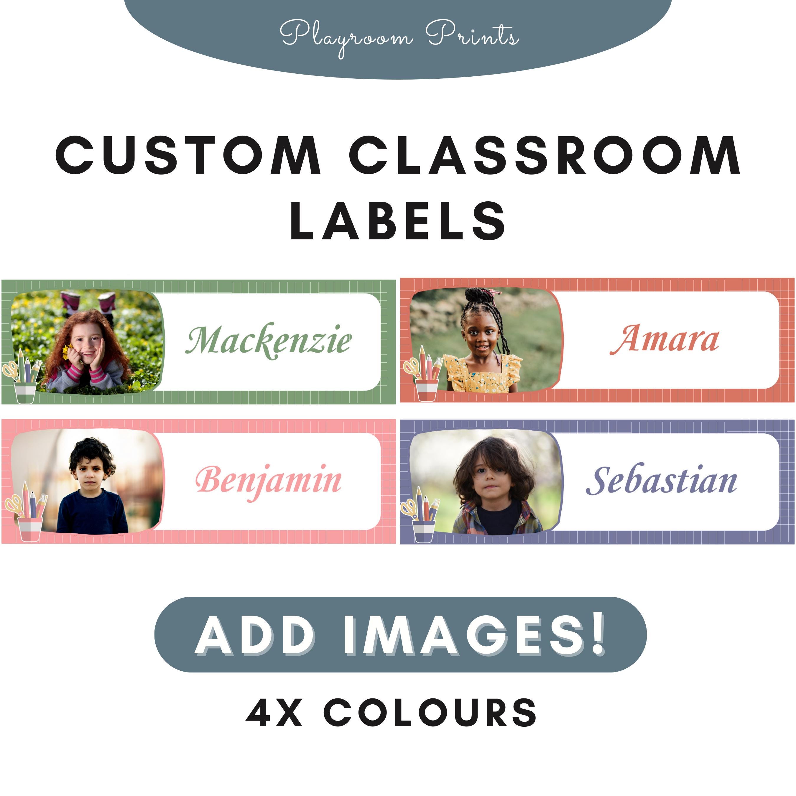 Etiquetas de sala de aula personalizadas com imagens | Modelo Canva editável | Perfeito para organização pré-escolar e escolar | Personalize para lixeiras, cubículos