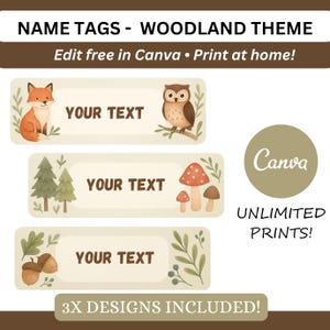 Woodland Name Tags for Kids – 3x Designs – Canva Editable Cubbie Labels | Forest Theme Printable Classroom Name Labels