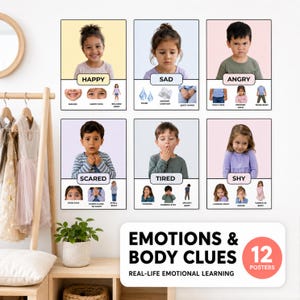 Puede incluir: Un conjunto de seis pósteres educativos titulados Emotions & Body Clues, cada uno con un niño demostrando una emoción: feliz, triste, enojado, asustado, cansado y tímido. Cada póster incluye etiquetas de texto, fotos de primer plano y fotos de cuerpo completo.