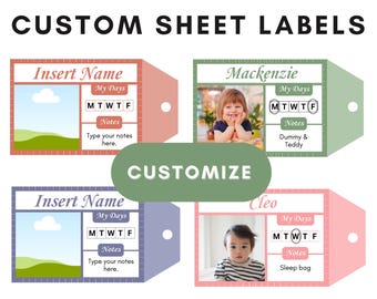Etiquetas personalizadas para creche, berço e berço Etiquetas de nome para lençóis de cama editáveis | Modelo Canva para organização de sacos de dormir Etiquetas de puericultura para impressão