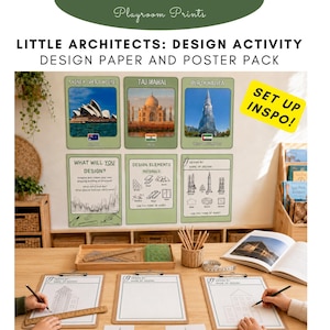 以下が含まれることがあります： Little Architectsと題されたデザインアクティビティセット。シドニー・オペラハウス、タージ・マハル、ブルジュ・ハリファのポスターに加え、デザイン要素や計画用の説明シート、木製クリップボード、鉛筆、定規が含まれています。