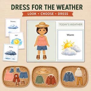 以下が含まれることがあります： DRESS FOR THE WEATHERというタイトルの教育用アクティビティセット。サブタイトルはLOOK CHOOSE DRESS。中央のキャラクター、Snowy、Hot、Rainyと書かれた天気カード、Warmと書かれたTODAY'S WEATHERボックス、そして衣類が入った3つのバスケットで構成されています。