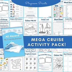Peut inclure: Un pack d'activités Mega Croisière avec un journal, des jeux et des pages à colorier. La couverture du journal indique "All Aboard! My Cruising Journal" avec une illustration de bateau de croisière. Contient des jeux et des coloriages.