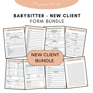 May include: A printable form bundle for babysitters to use with new clients. The forms include sections for child information, daily routine, medical information, emergency contacts, employment agreement, and additional notes.